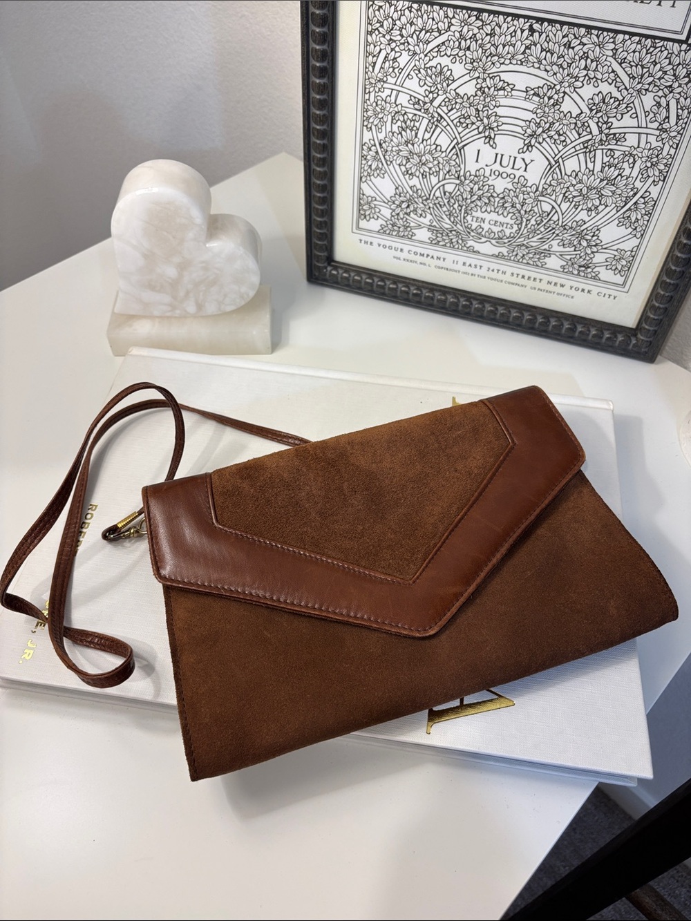 Brown Suede Envelope Wristlet Clutch with Leather Trim